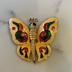 5/$25 VINTAGE cloisonne enamel butterfly pendant gold (50's/60s) missing chain